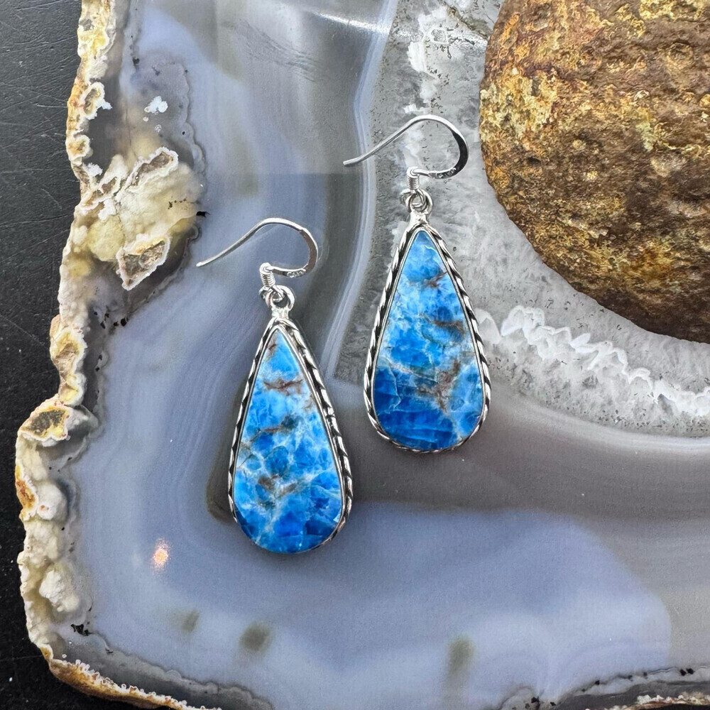 Sterling Silver Southwestern Style Apatite Teardrop Dangle Earrings For Women - Picture 2 of 10